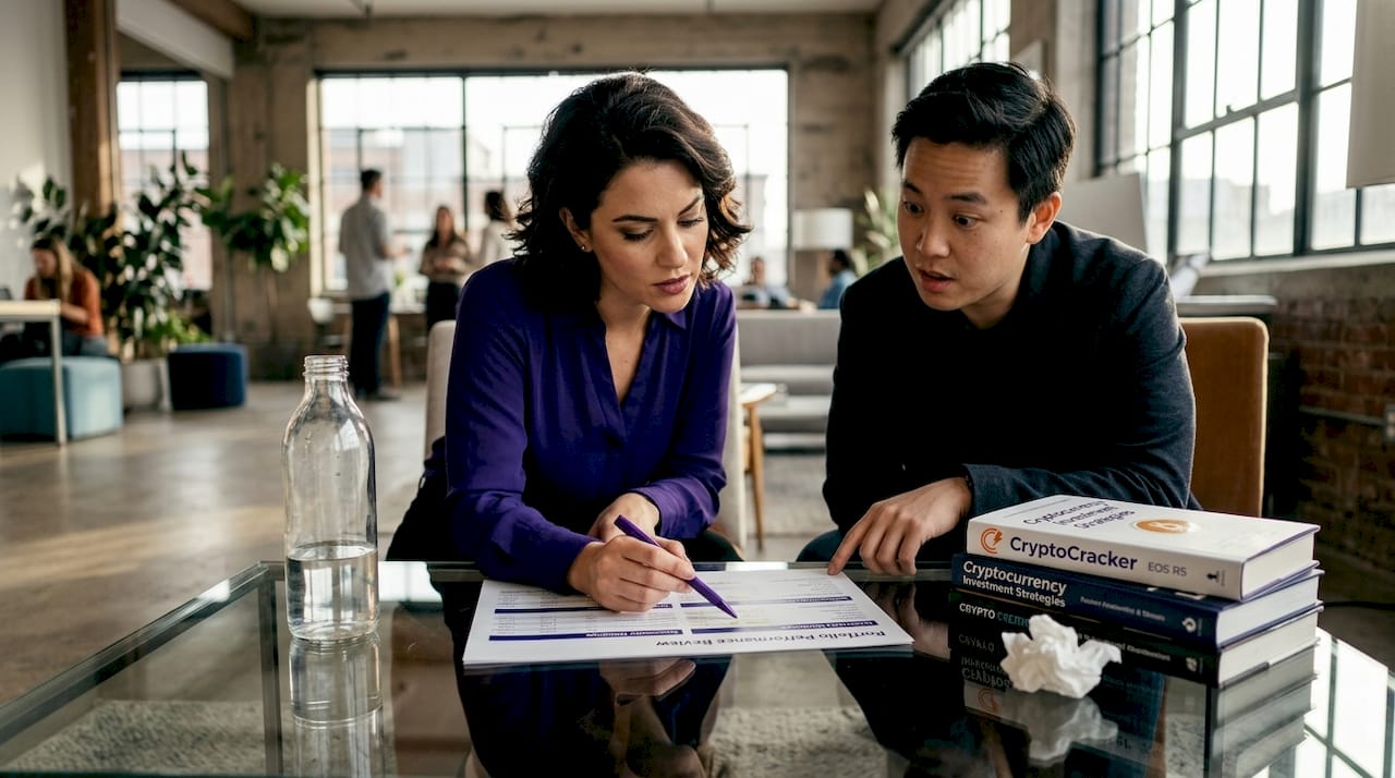 Team reviewing crypto portfolio performance