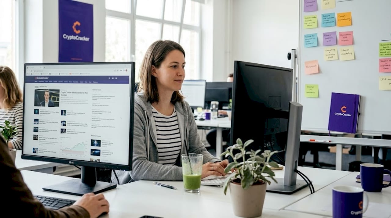 Woman checking crypto dashboard at open workspace