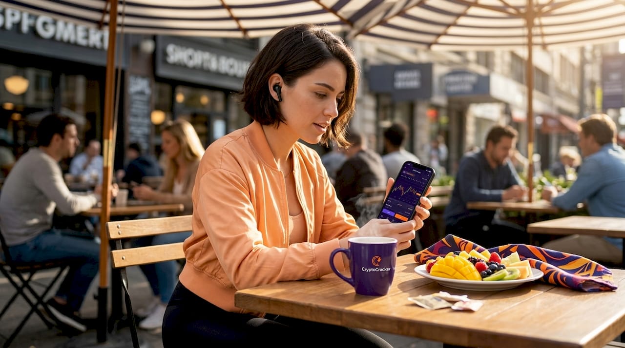 Woman reviewing AMM swap in café