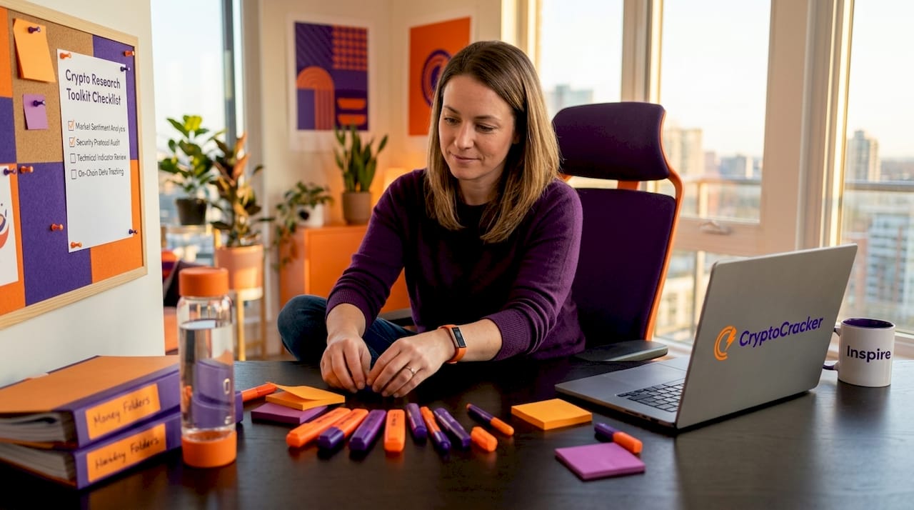 Woman prepping cryptocurrency research toolkit