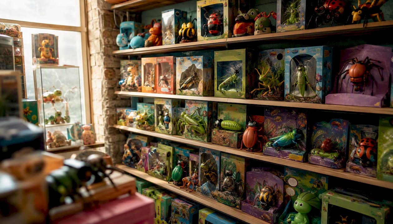 Toy store shelf with insect-themed toys