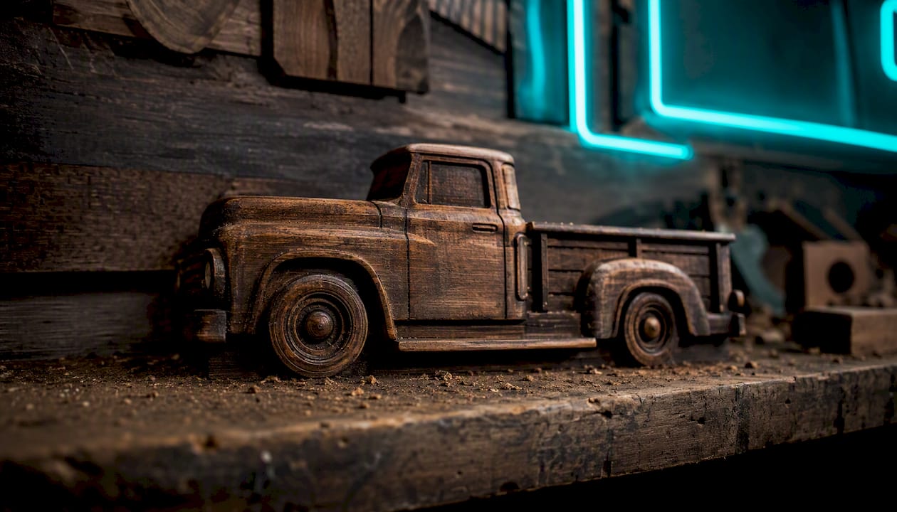 Wood carving of truck silhouette on rustic shelf
