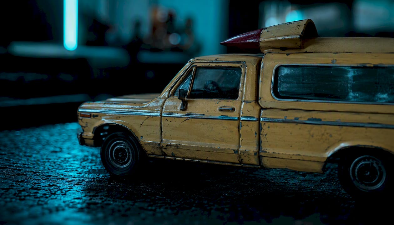 Close-up of miniature pizza planet truck toy