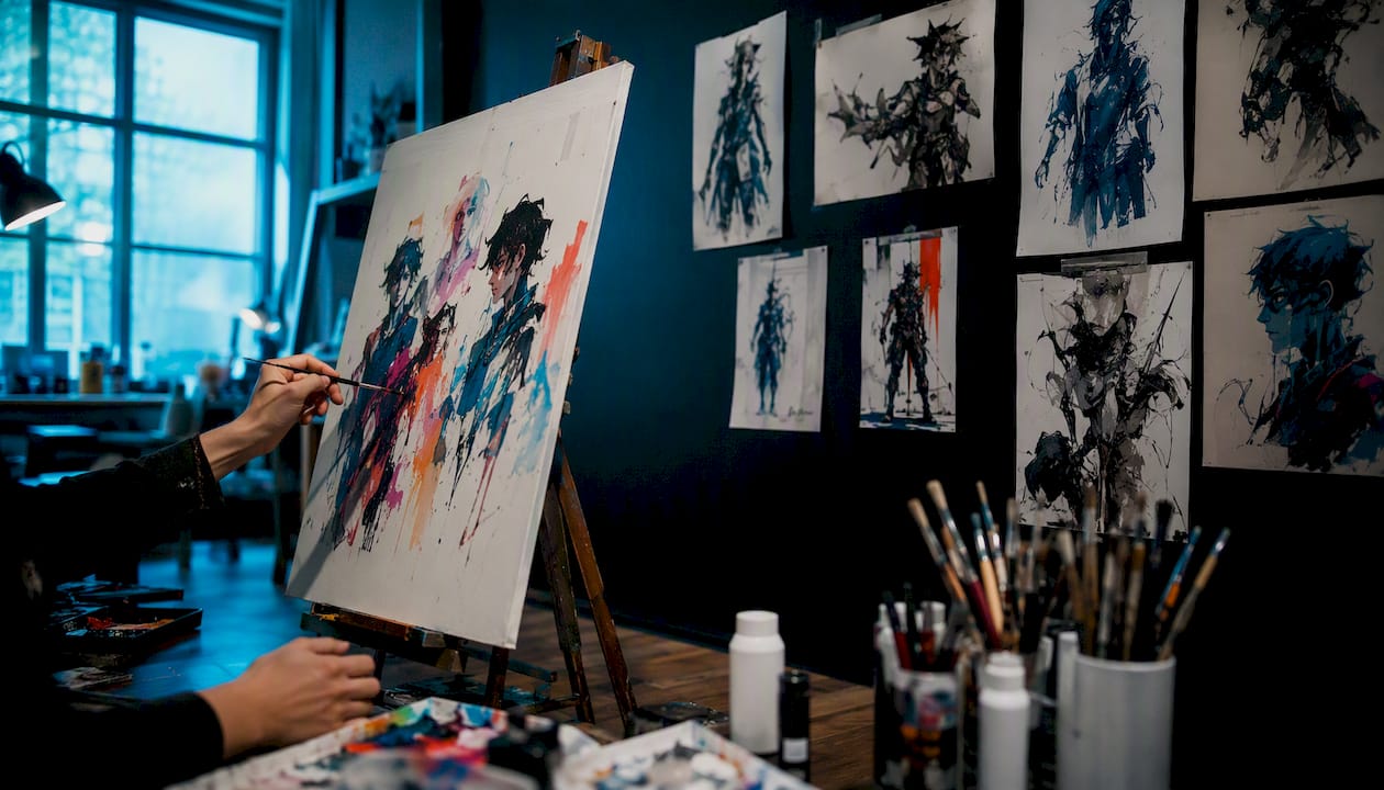 Artist sketching anime characters in dark studio