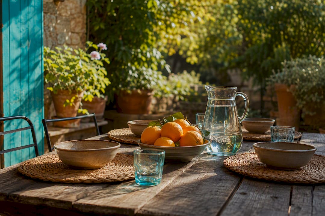 Bowl of oranges on rustic Italian family table