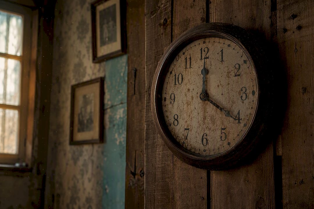 Close-up of vintage analog clock face and hands