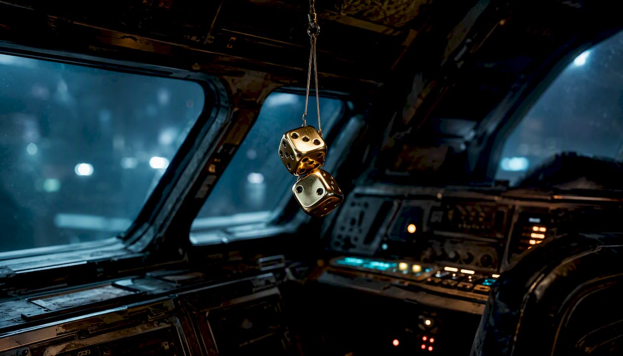 Gold dice hanging in spaceship cockpit