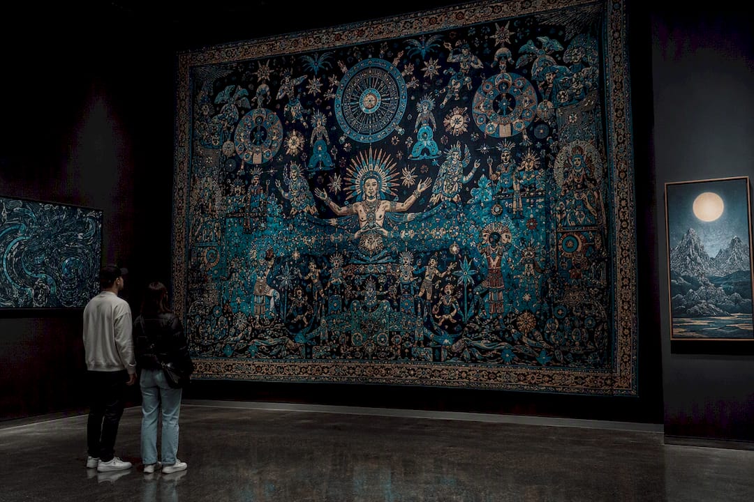 Tapestry showing ritual and symbolic figures