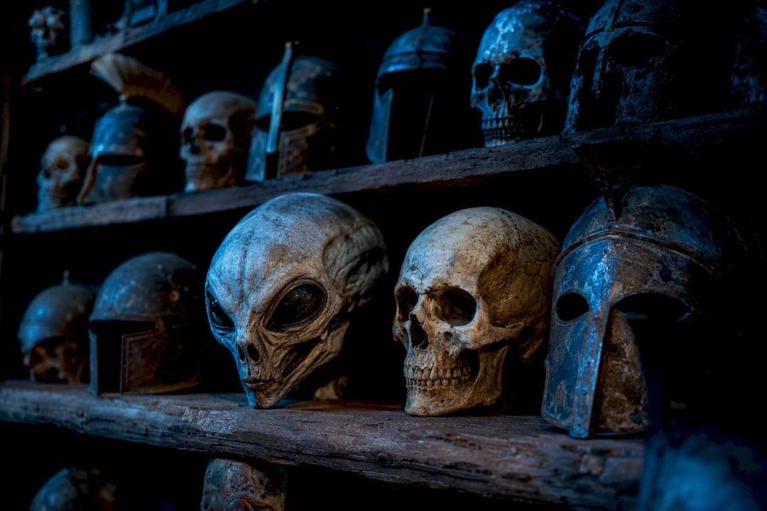 Trophy wall with alien and human skulls