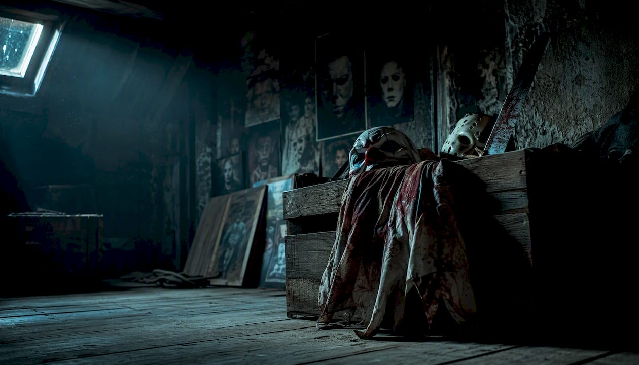 Horror masks and props in evidence locker