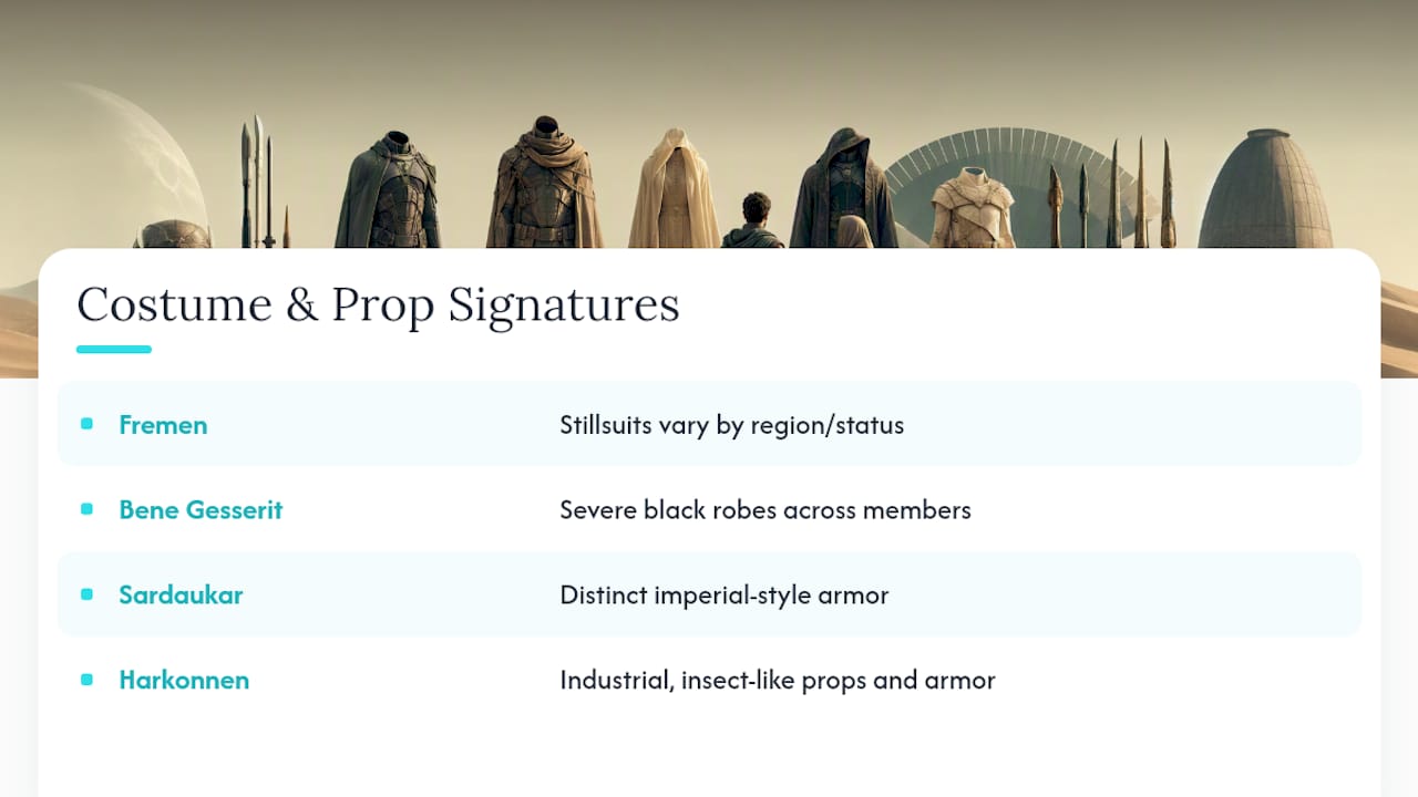 What Costume and Prop Details Reference the Wider Dune Universe? — overview diagram