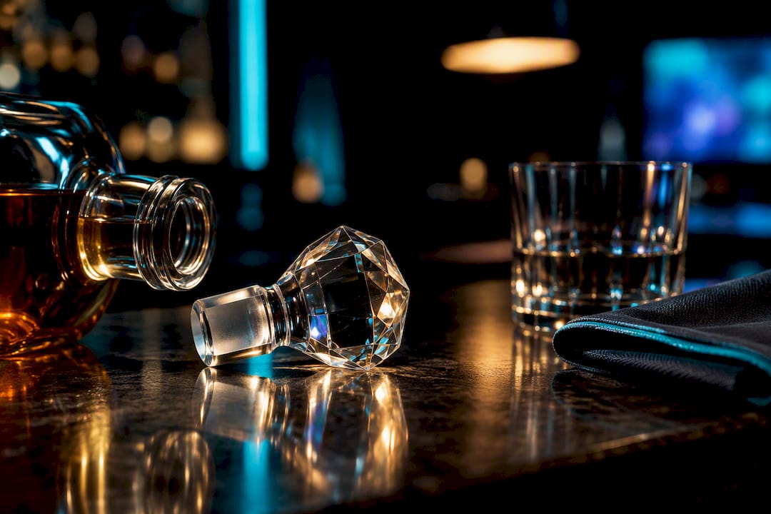 Faceted glass stopper on a polished bar