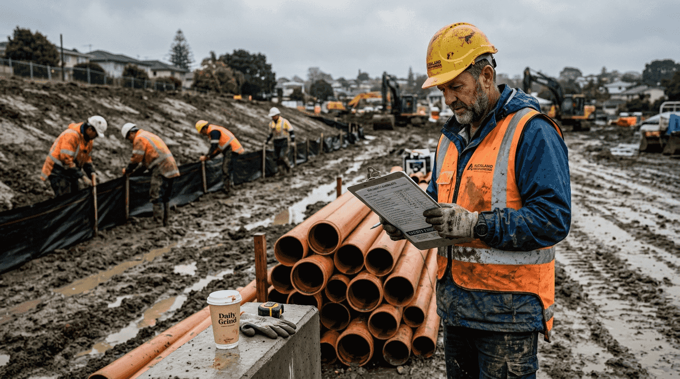Foreman reviews safety checklist at muddy worksite