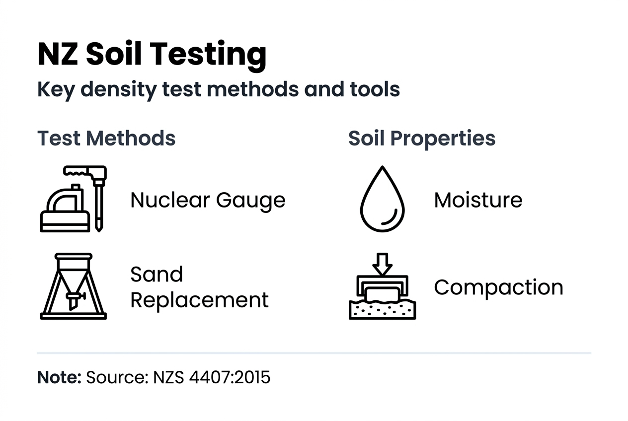 Infographic summarising NZ soil density testing methods