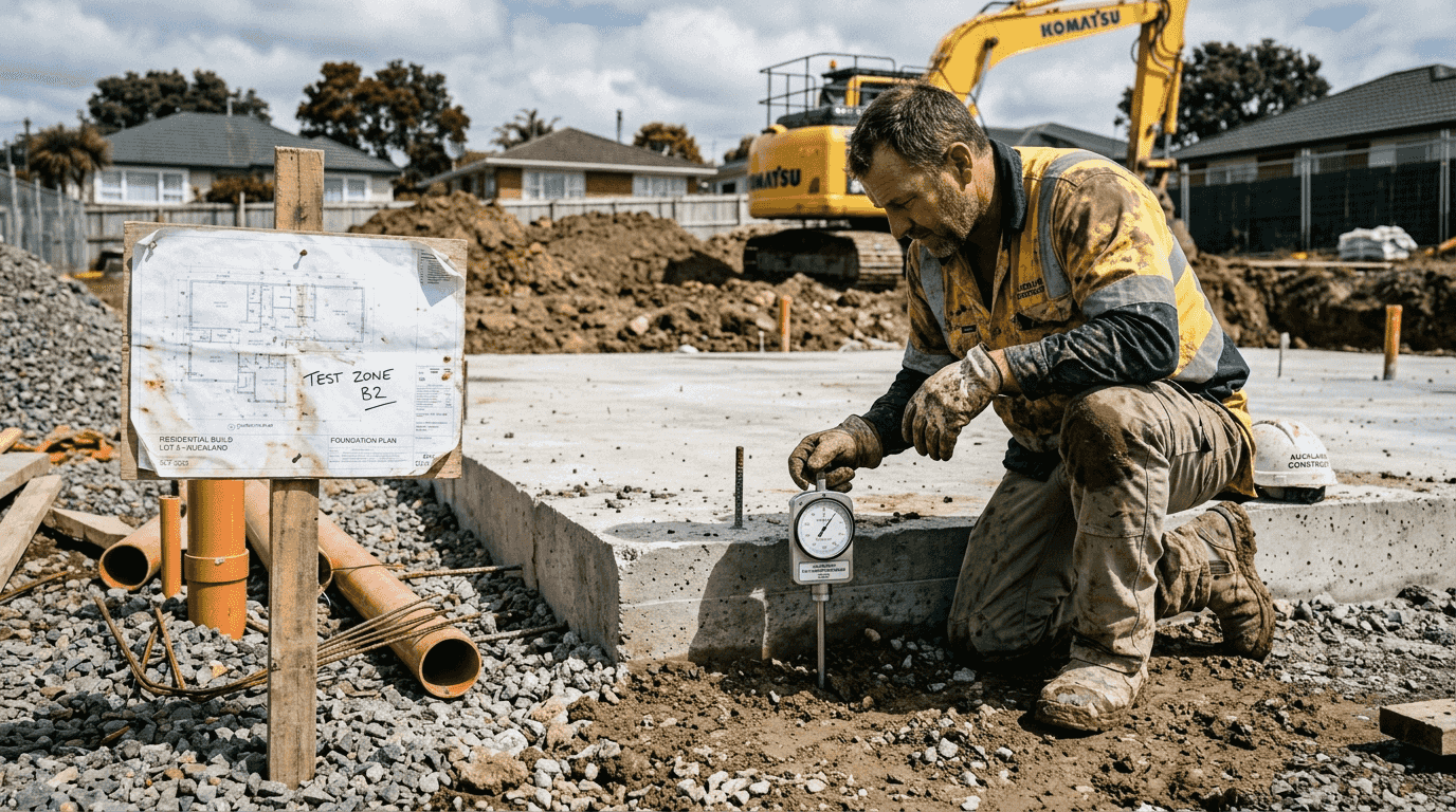 Worker testing soil at foundation base