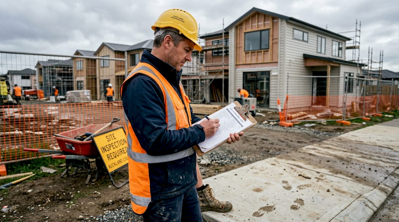 Manager ticking checklist on Auckland construction site