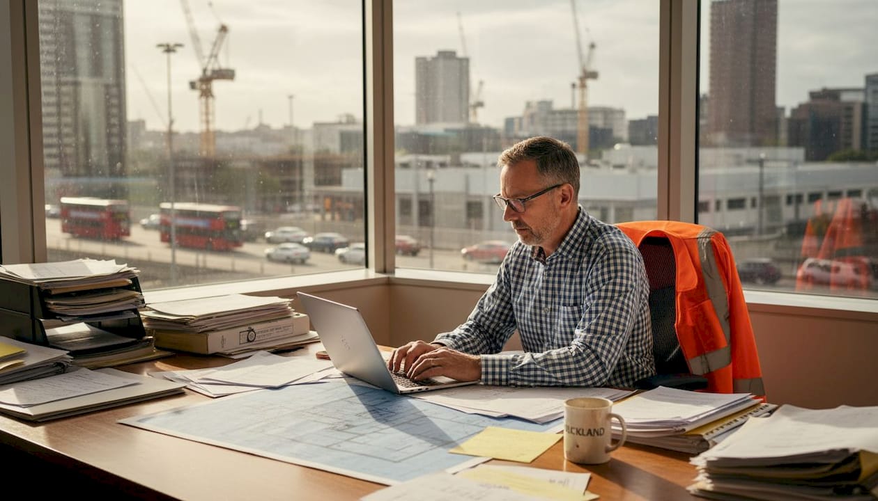 Civil engineer reviewing compliance paperwork in office