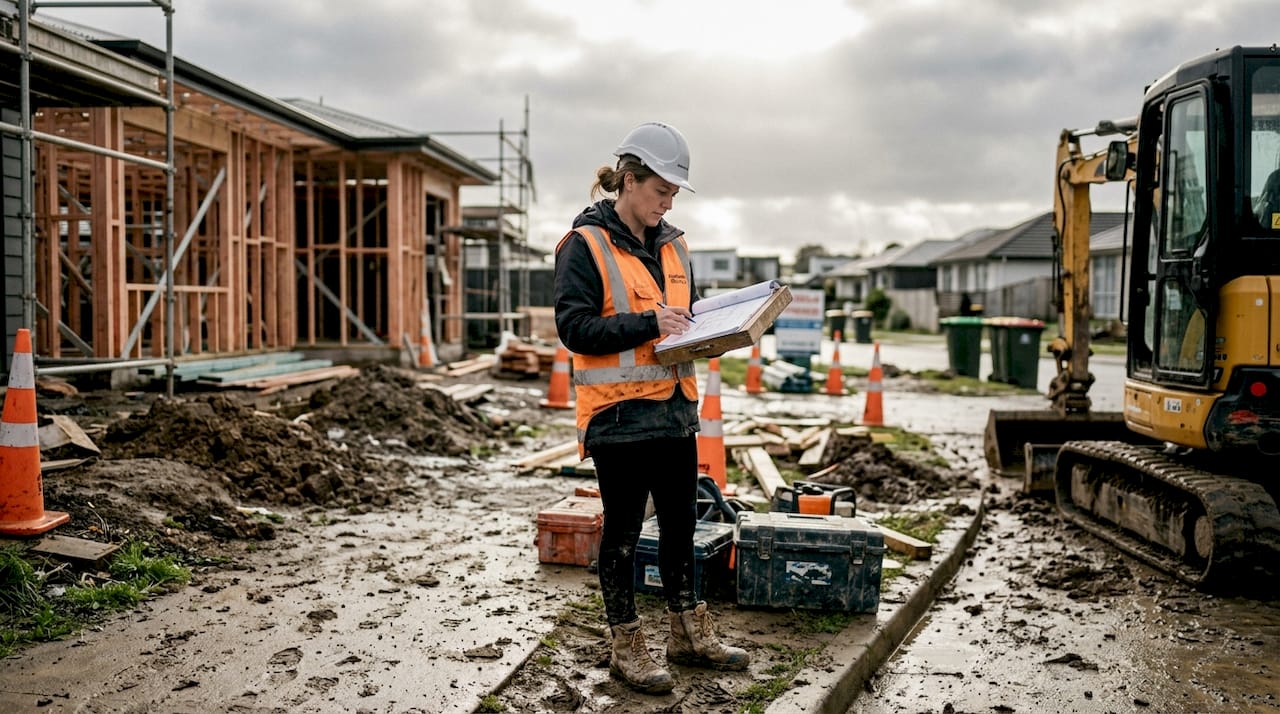 Manager reviewing plans at residential site