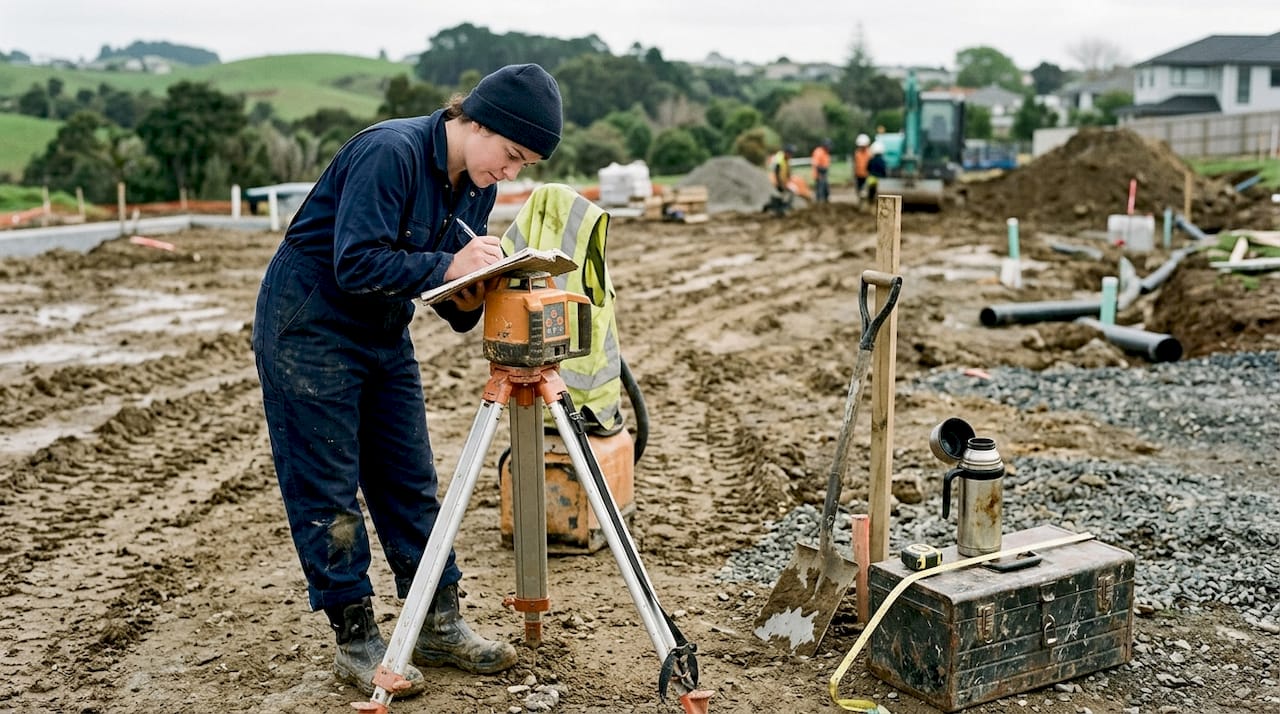 Engineer measuring and noting earthwork site costs