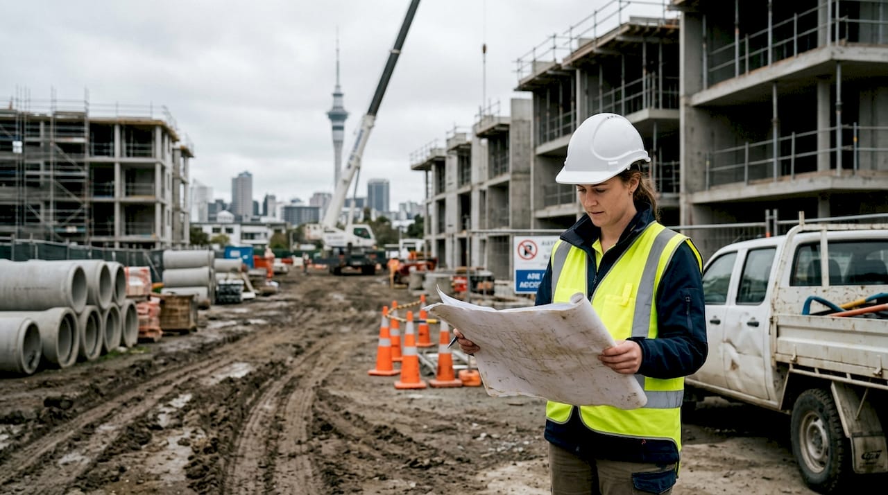Engineer reviewing plans at Auckland construction site