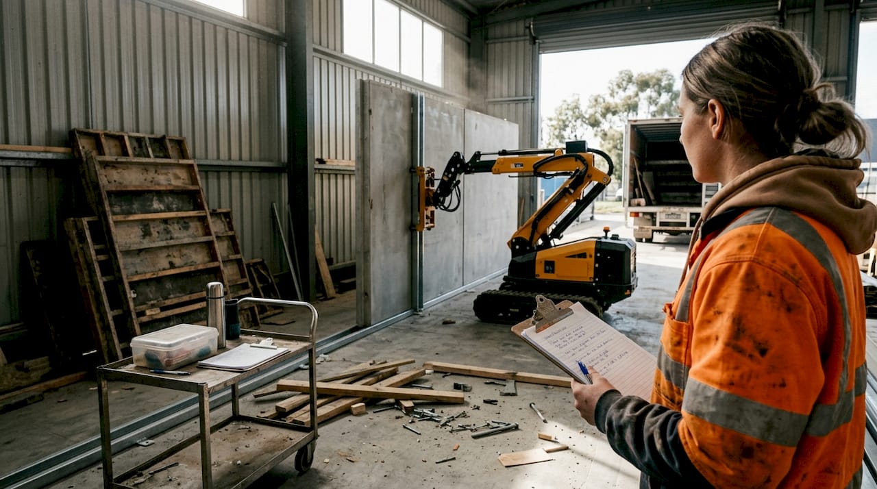 Technician monitoring prefab robot positioning panels