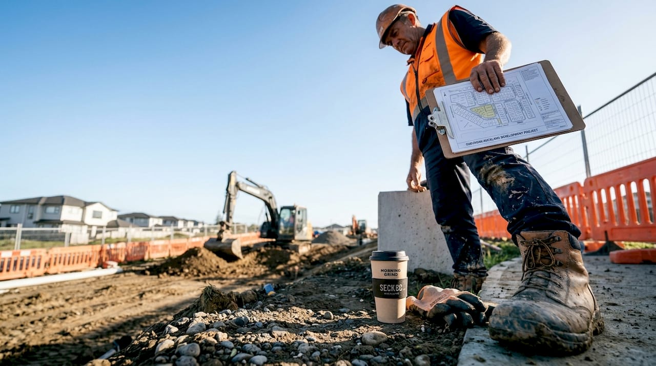 Manager reviews plans at Auckland earthworks site