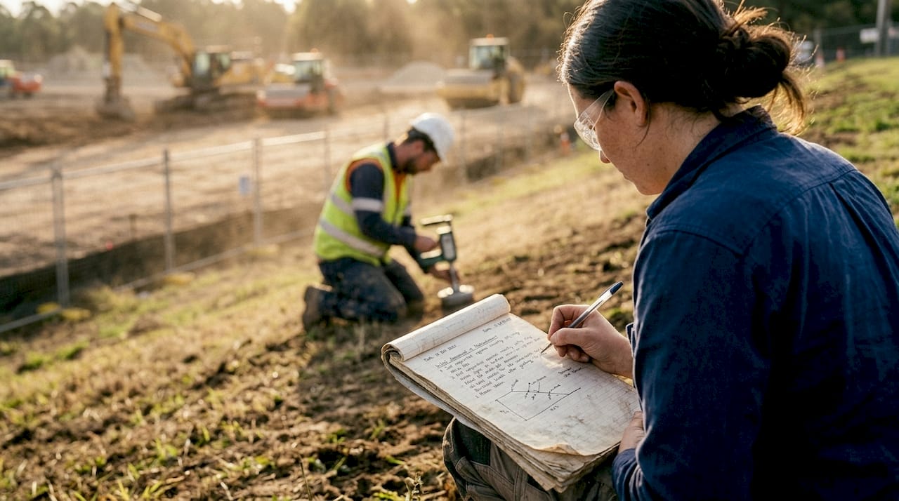 Engineer assessing soil reuse during earthworks