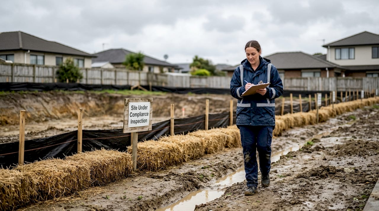 Inspector checks erosion controls at Auckland earthworks site