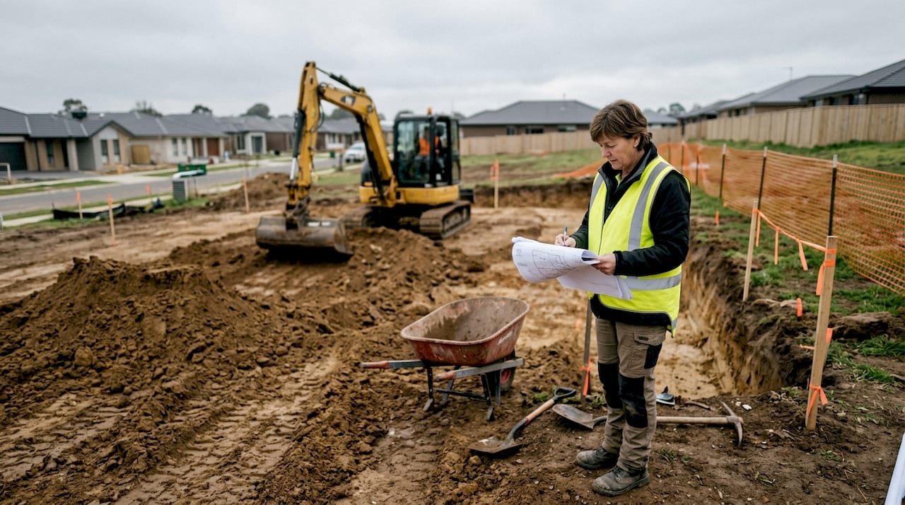 Supervisor reviews blueprints at active earthworks site