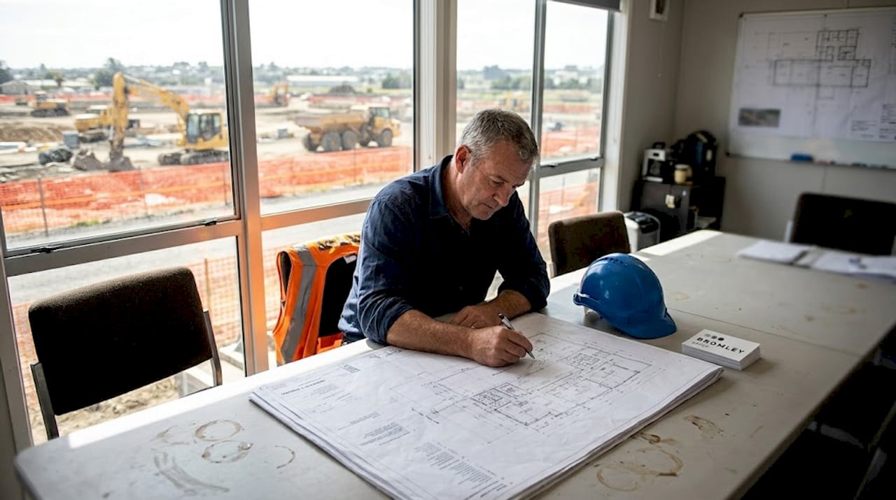 Civil engineer reviewing blueprints at Auckland site