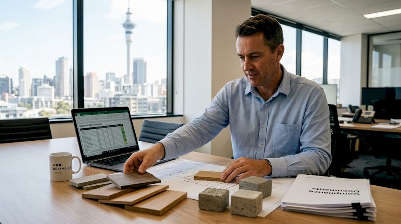 Manager comparing sustainable construction material samples