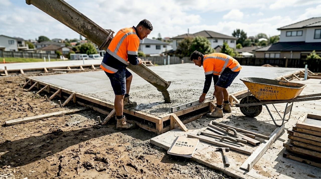 Workers pouring concrete slab with teamwork