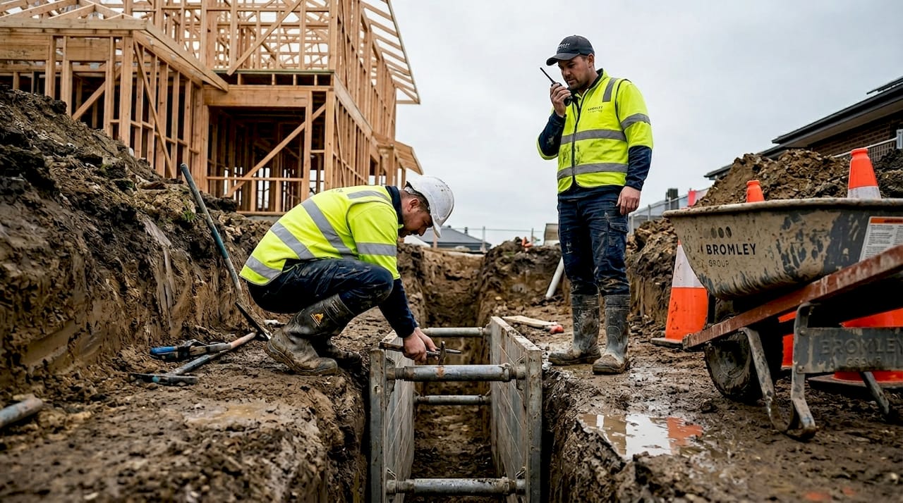 Workers install shoring in Auckland construction trench