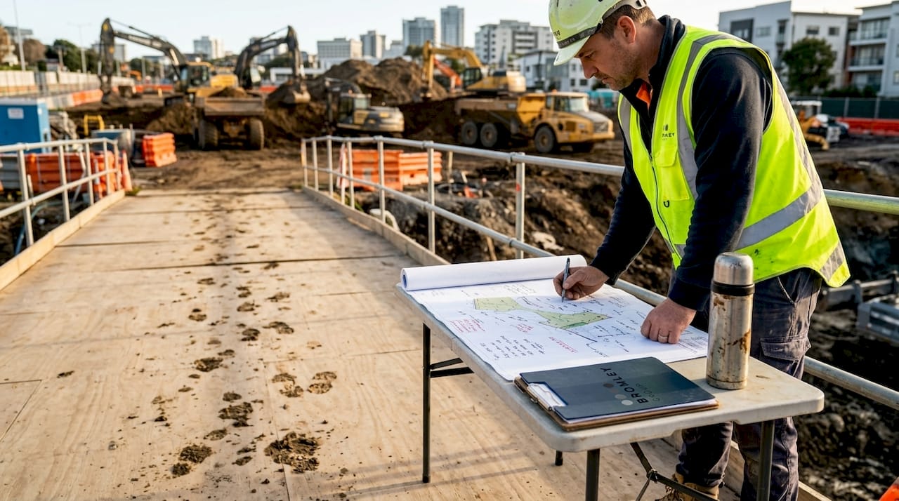 Site supervisor checks plans at active Auckland construction site