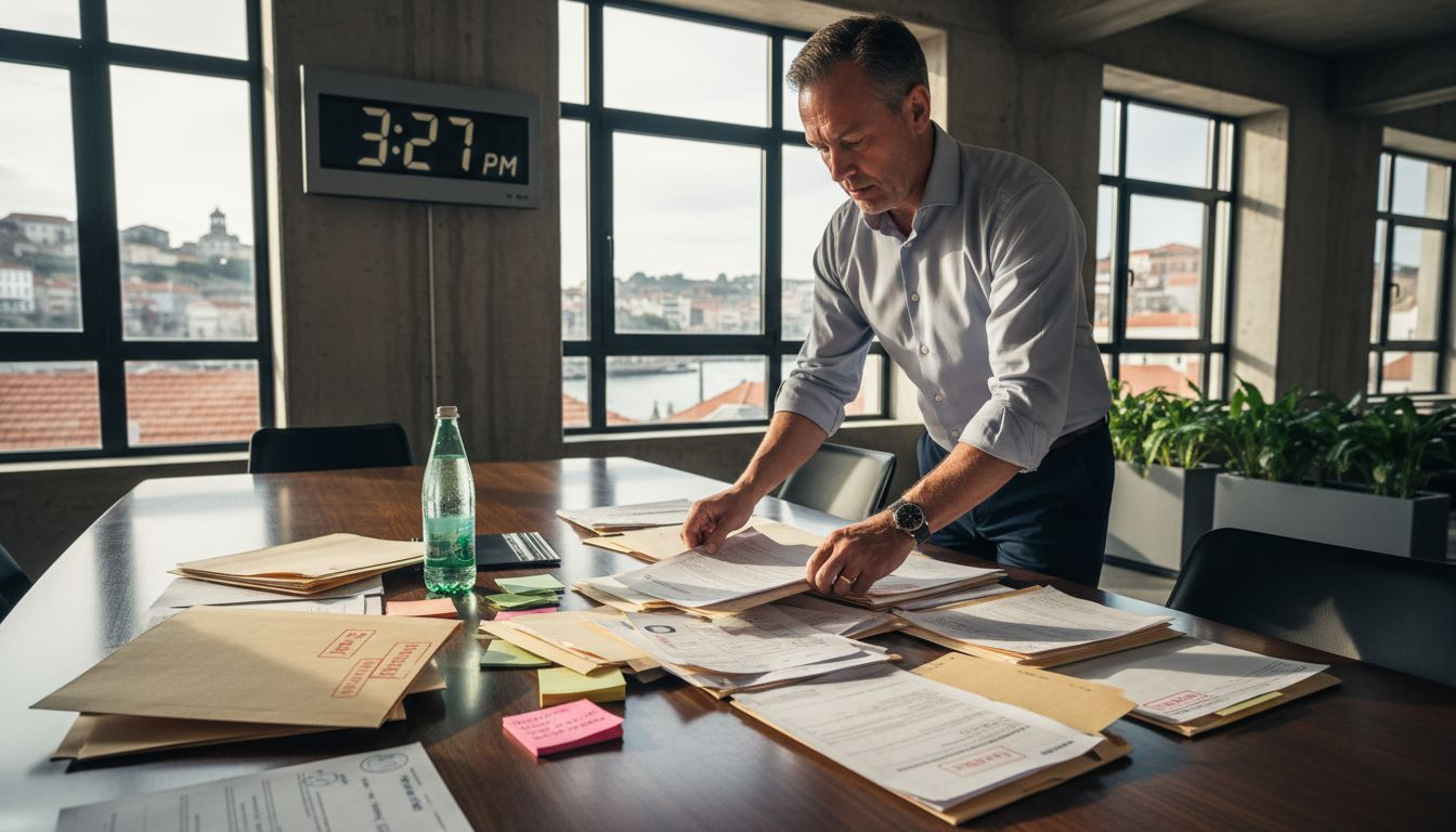 Businessman sorting paperwork in Porto office