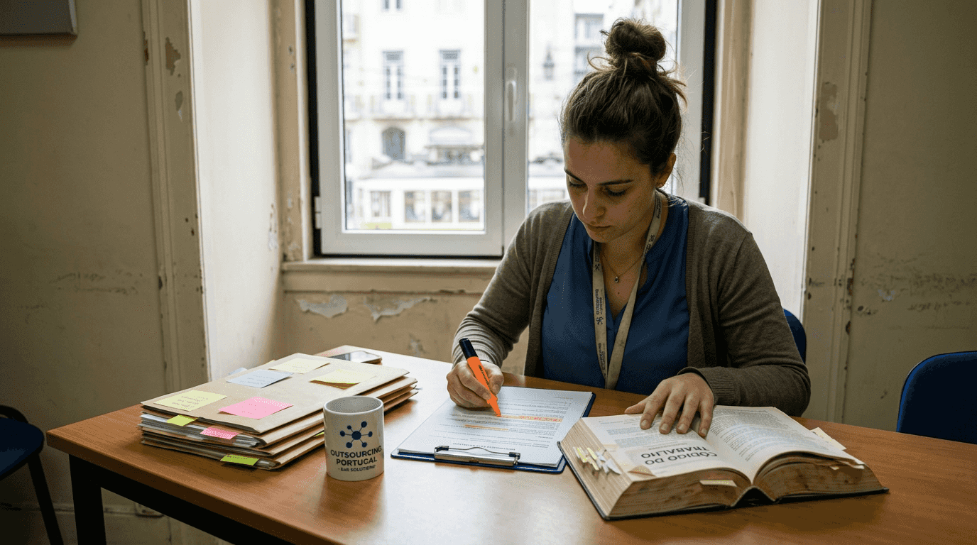 HR specialist reviewing labor contracts Portugal