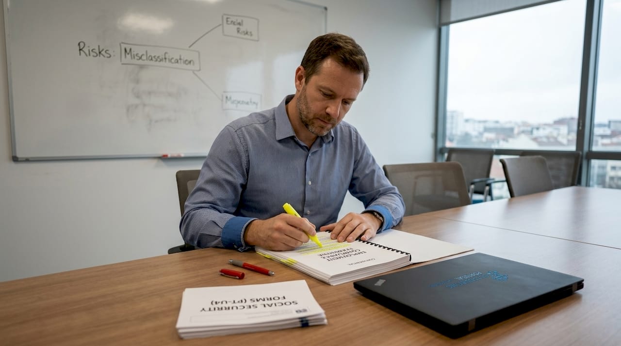 Analyst reviewing worker classification legal risks