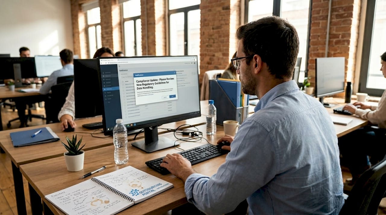Employee checking HR compliance update on desktop