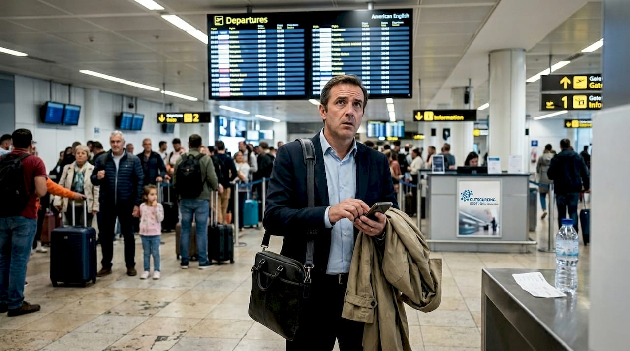 Business traveler waits amid airport congestion