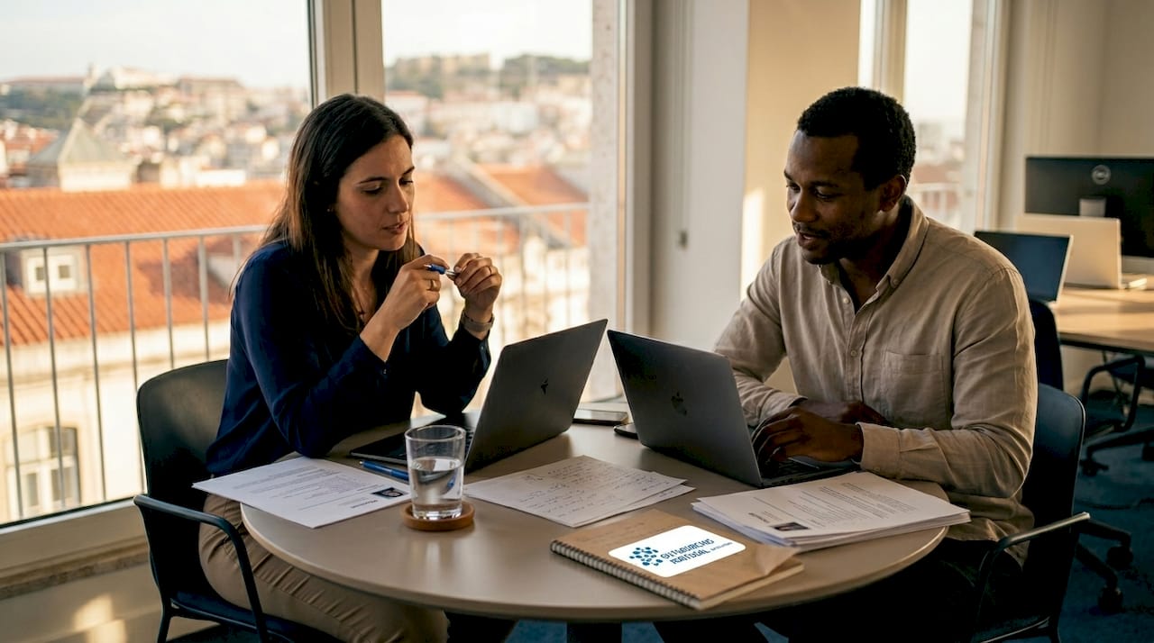 Hiring team reviewing résumés in Lisbon office