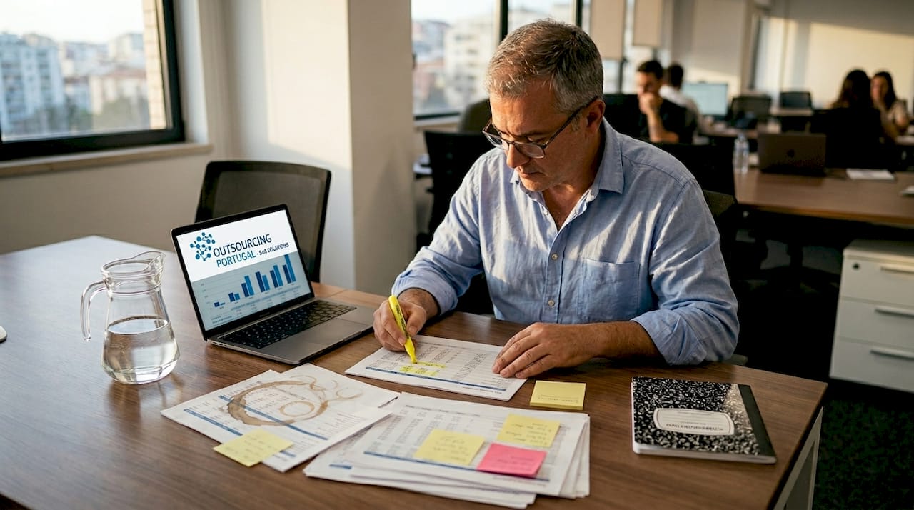 Man reviewing expat payroll tax documents in office