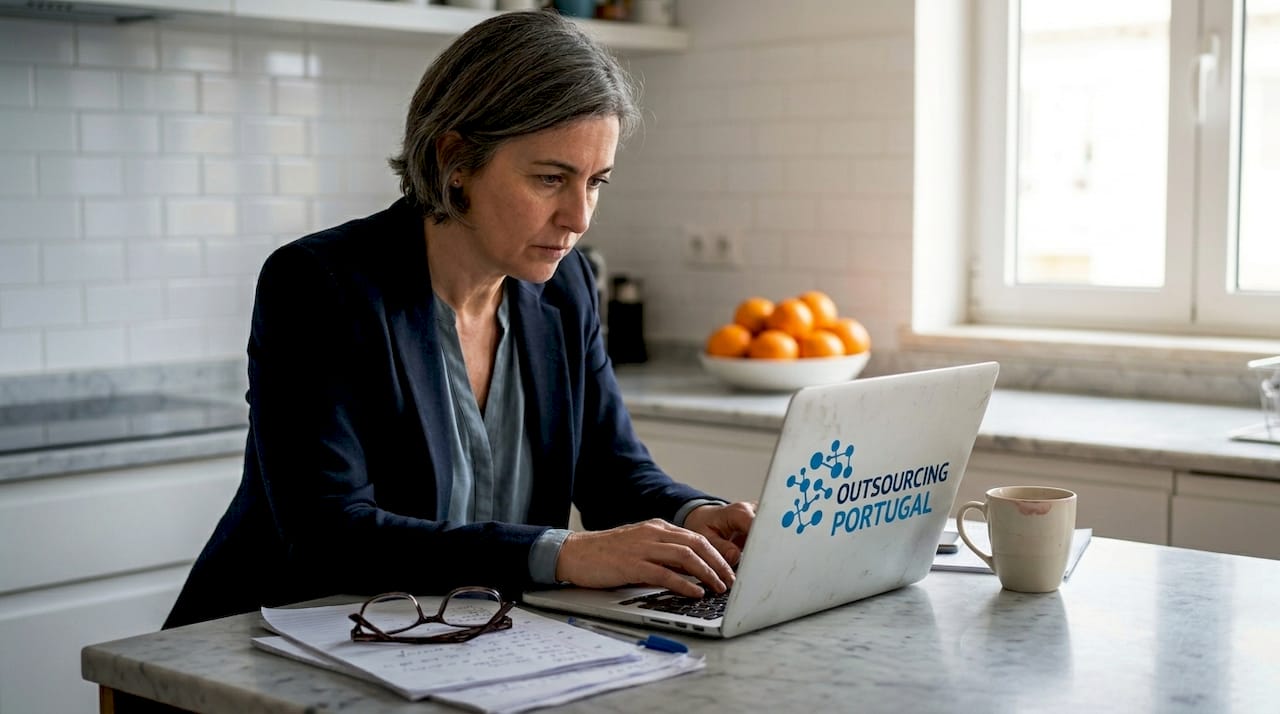 Woman working on laptop at kitchen counter