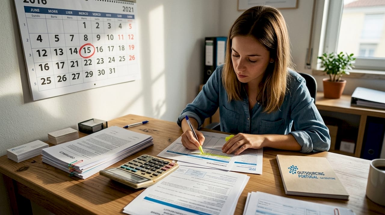 HR assistant reviewing Portuguese payslip at desk
