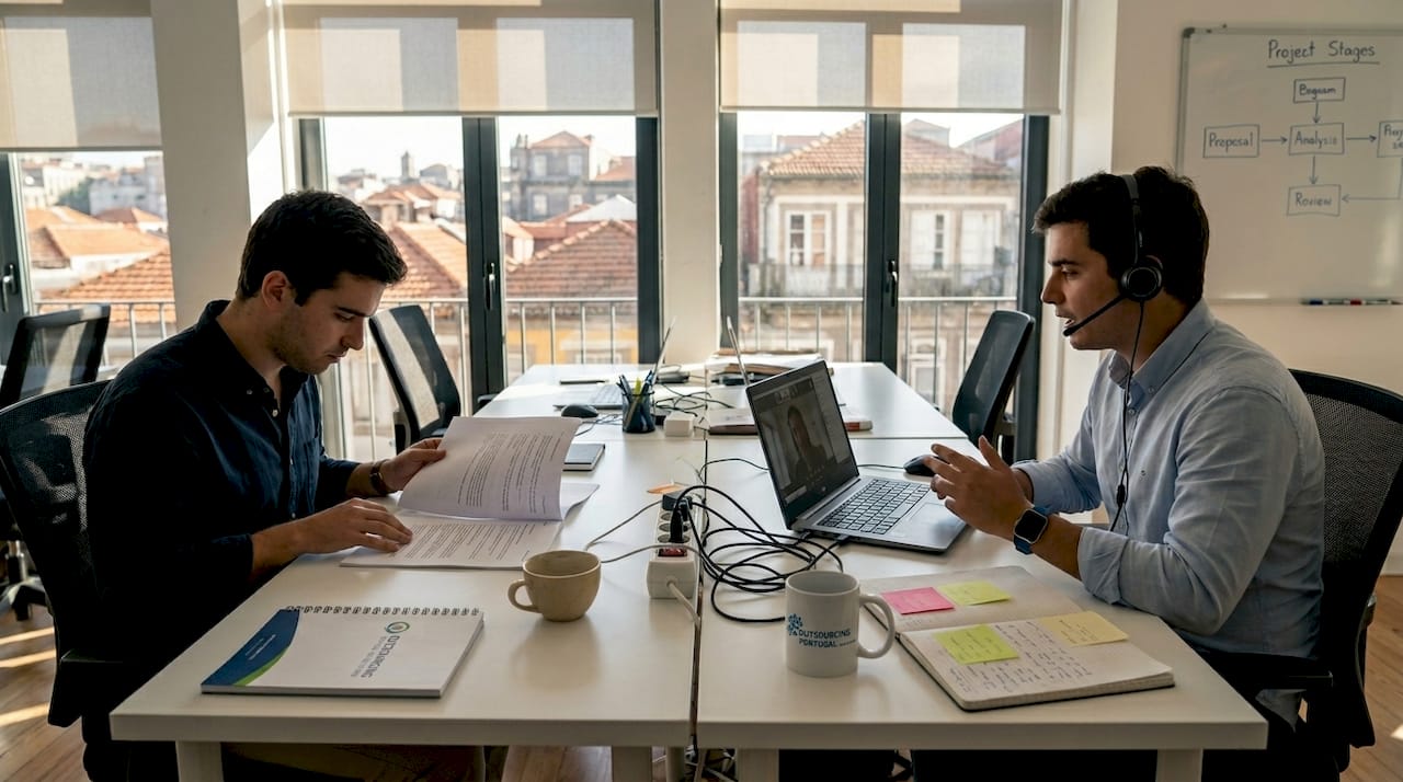 Multilingual workers at desks in Portuguese office