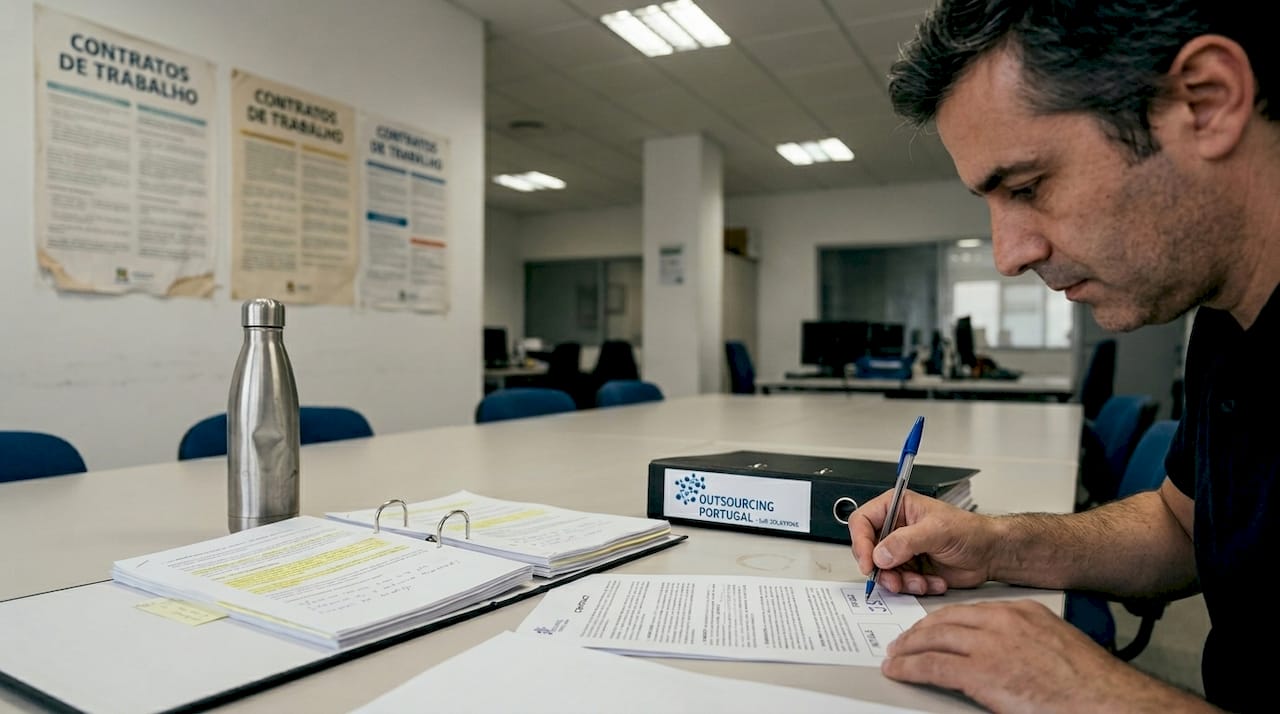 HR specialist signing compliance papers at desk