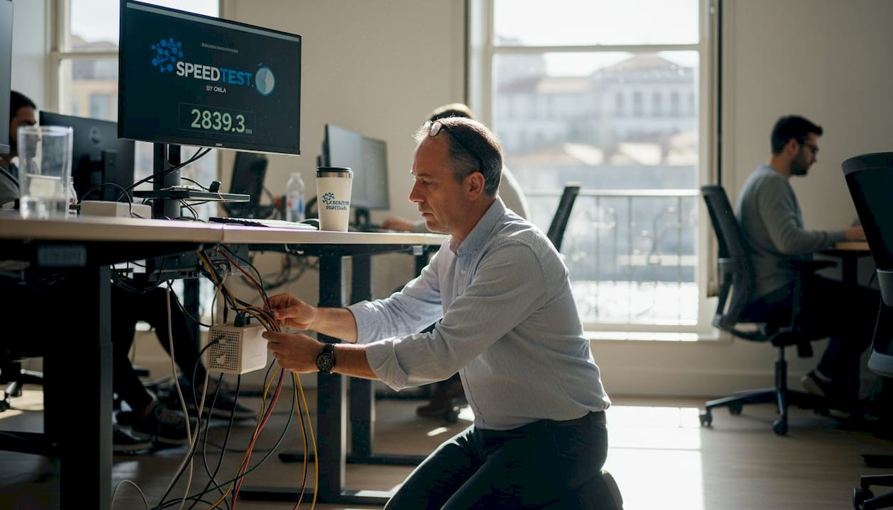 IT manager working with office network cables