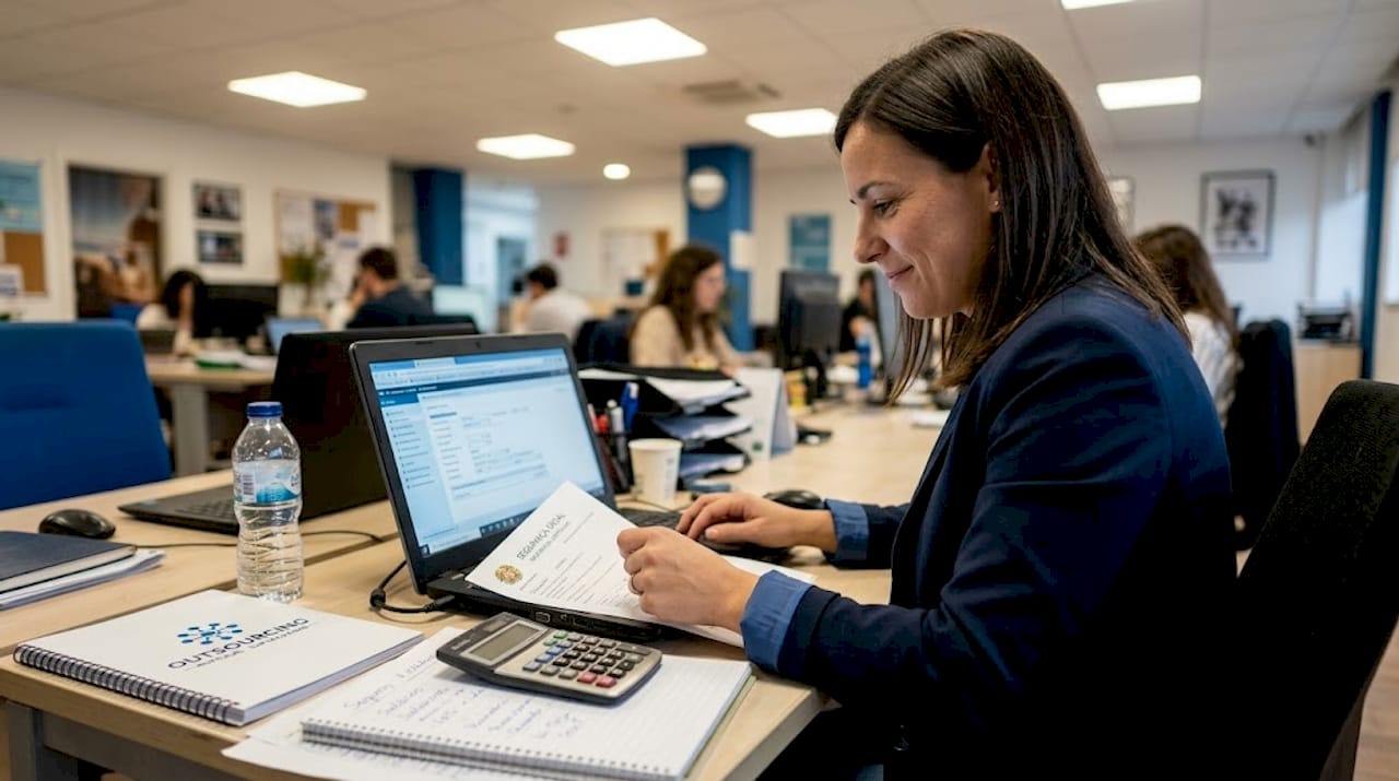 Payroll administrator processing compliance paperwork Portugal