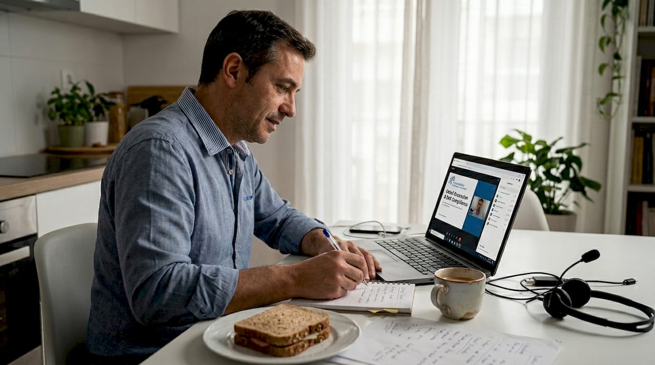 Man onboarding remotely in home kitchen workspace