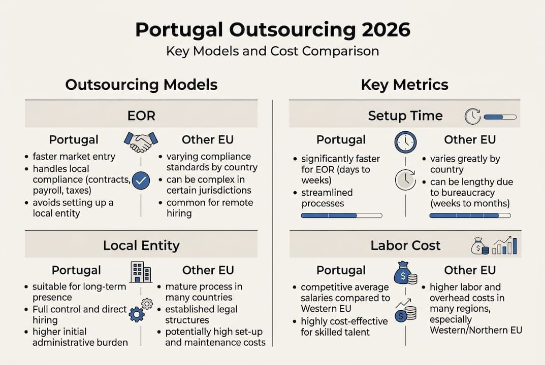 Infographic comparing Portugal outsourcing models and key metrics