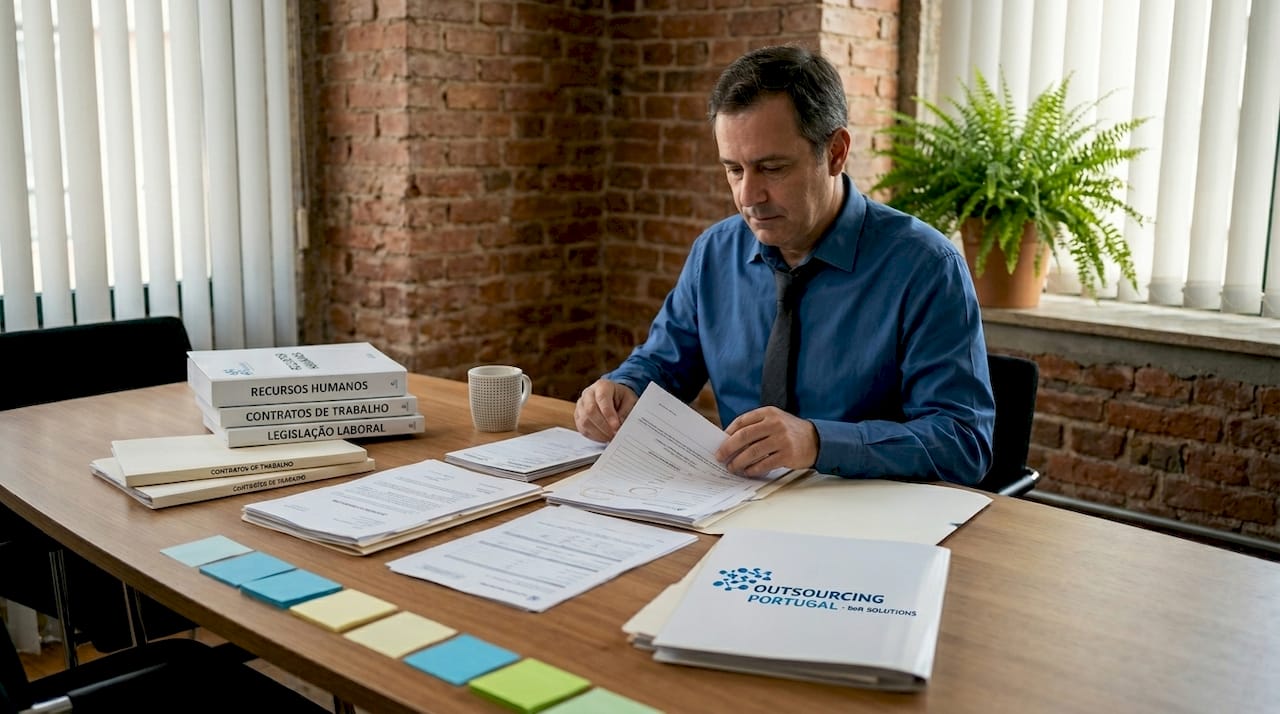 Man sorting employment paperwork in office